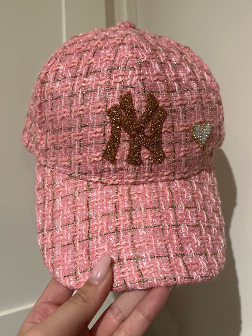 Pink Tweed Baseball Cap with Gold Rhinestone NY New York Yankees Patch